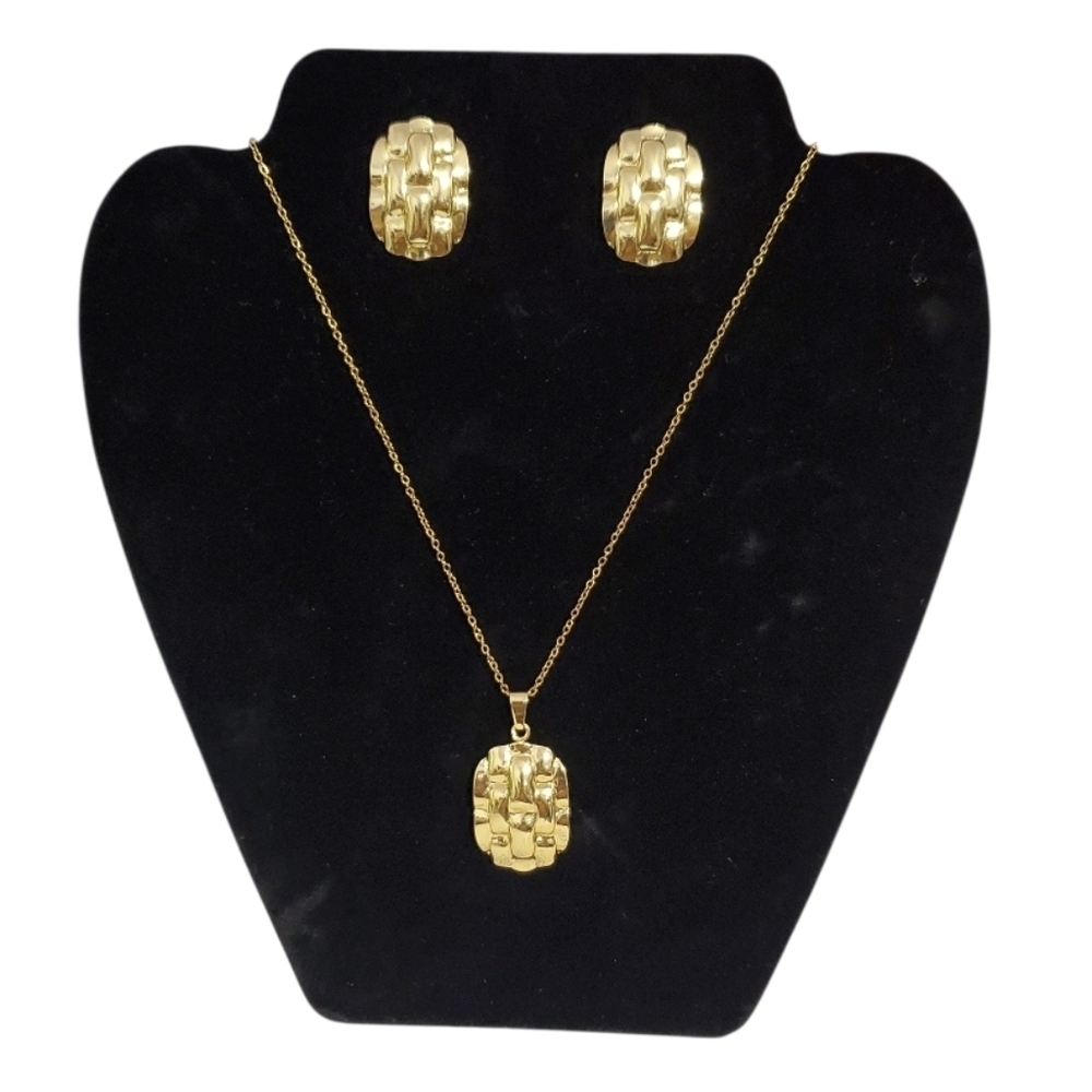 Stainless Steel 3 PC Hammered Style Statement Necklace & Earring Set